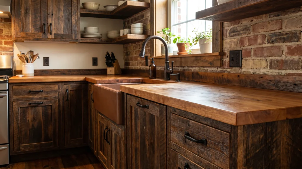 Rustic Wood Cabinets With Black Accents