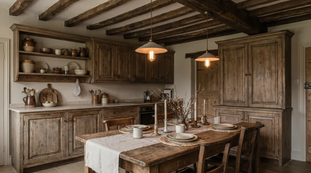 Rustic Wood Cabinets With Open Beam Ceilings