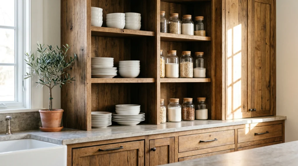 Wood Cabinets With Open Shelf Sections