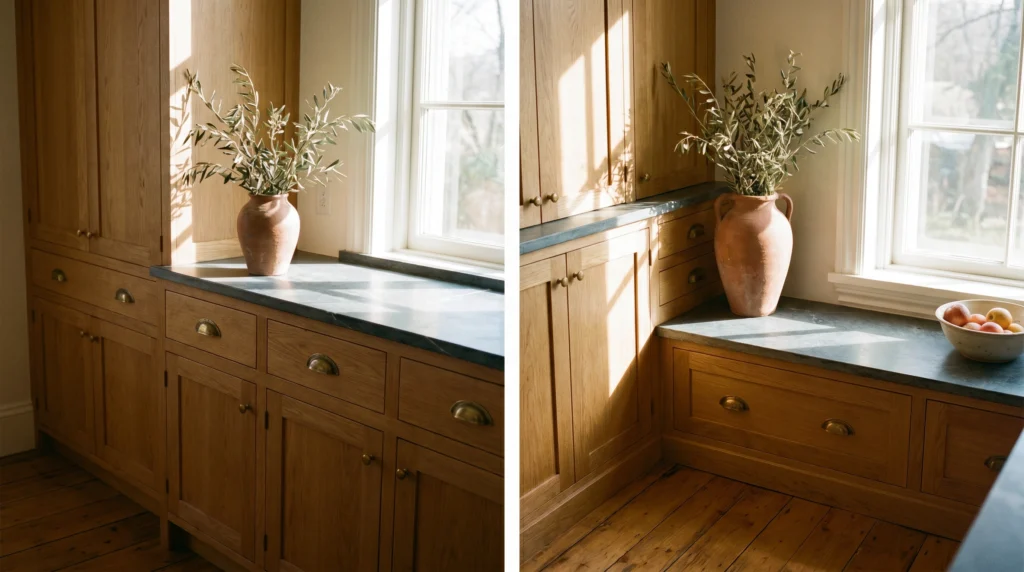 Warm Wood Cabinets With Brass Hardware
