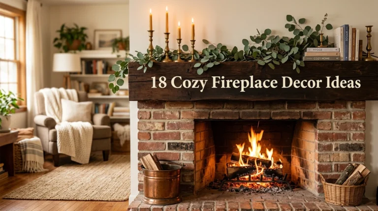 Cozy fireplace decorated with warm textures and natural elements