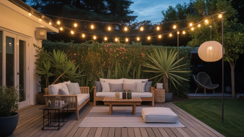 backyard patio scene at night with hangi