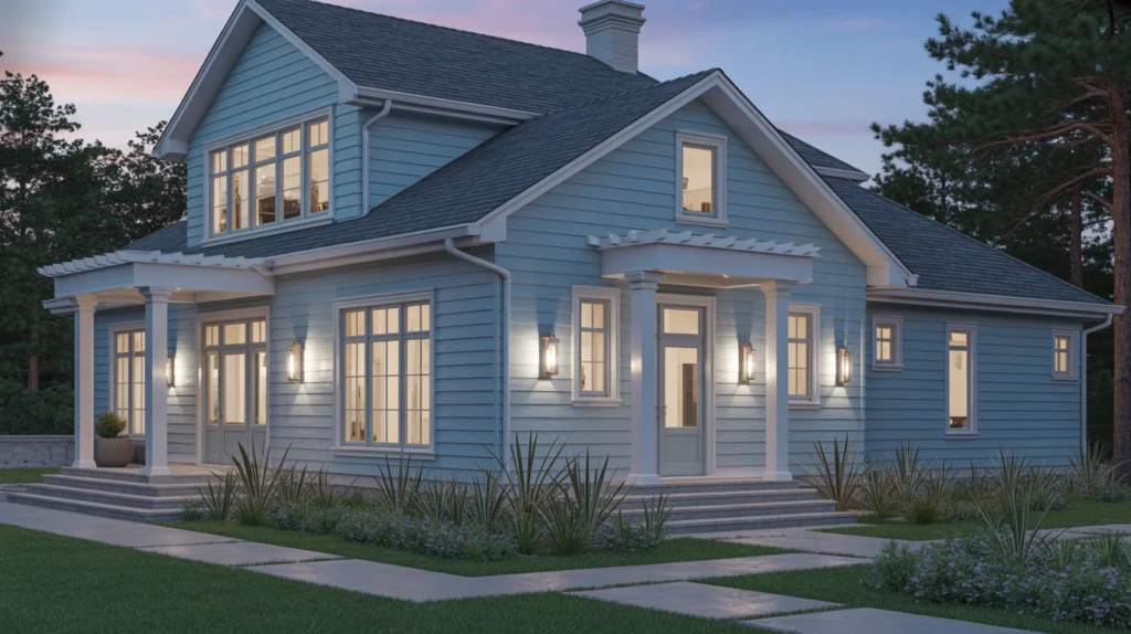Contemporary house with light blue sidin