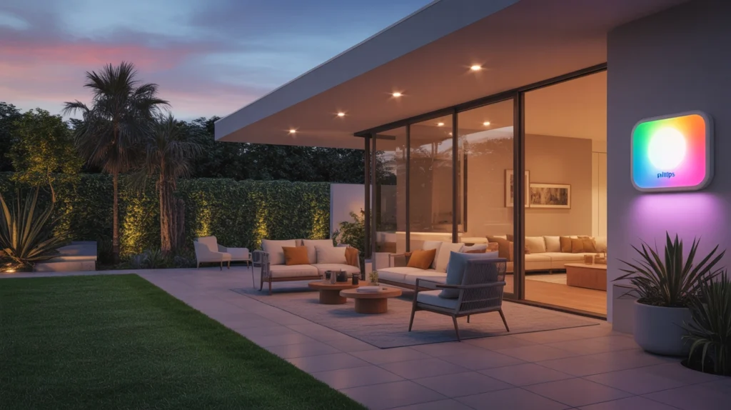 modern patio with-smart philips hue exterior