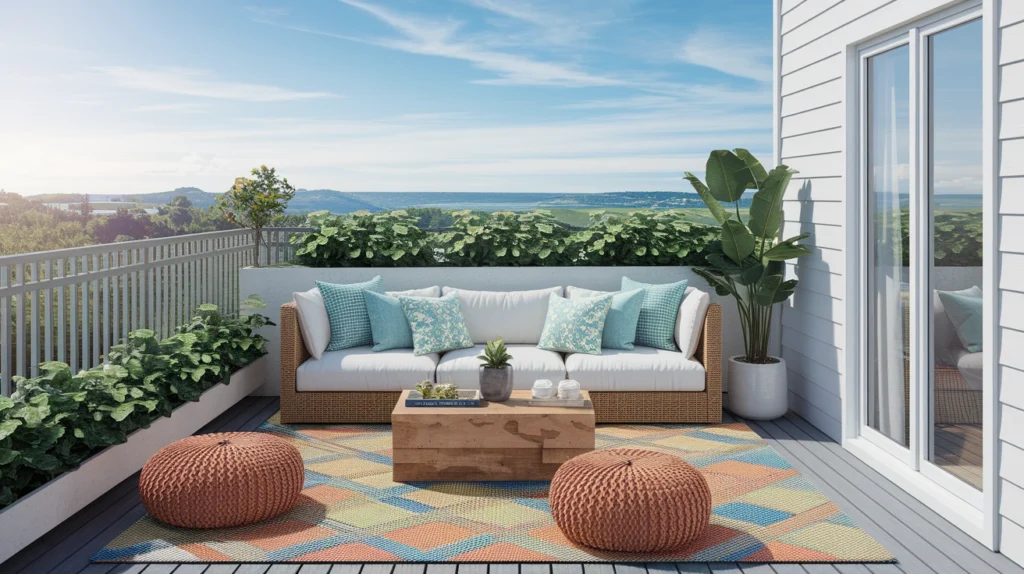 2. Layer with Outdoor Rugs and Floor Cushions