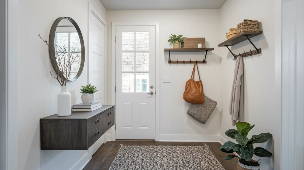 7. Floating Shelves and Wall Hooks