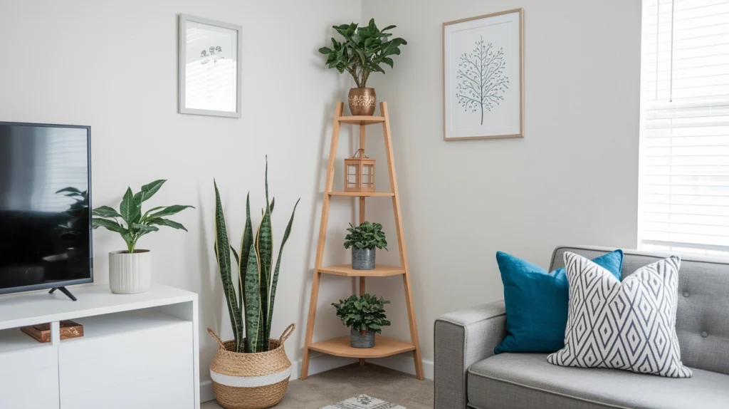9. Use a Corner Shelf for Decor + Storage
