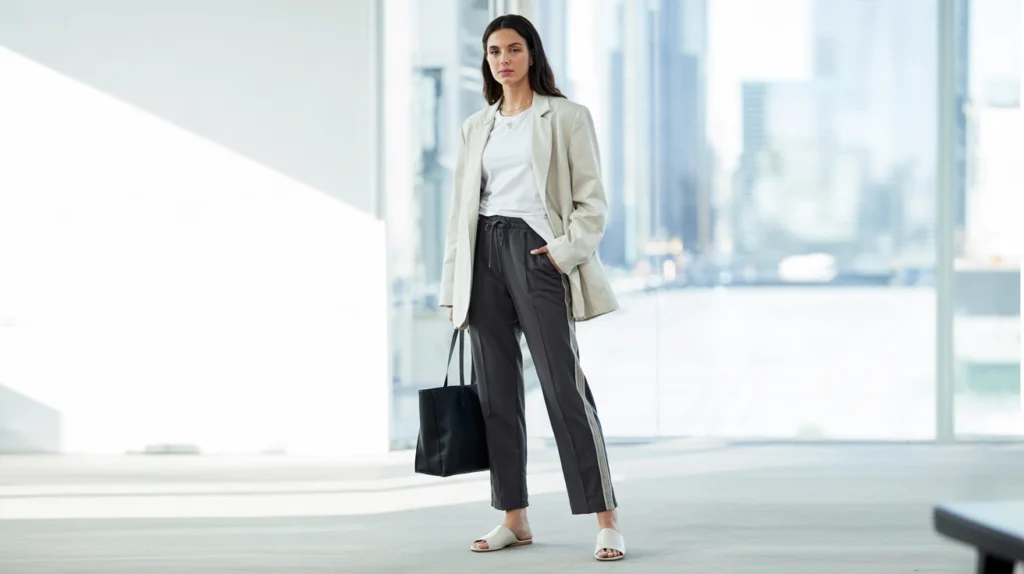 4. Athleisure, Reimagined Tailored Track Pants & A Blazer
