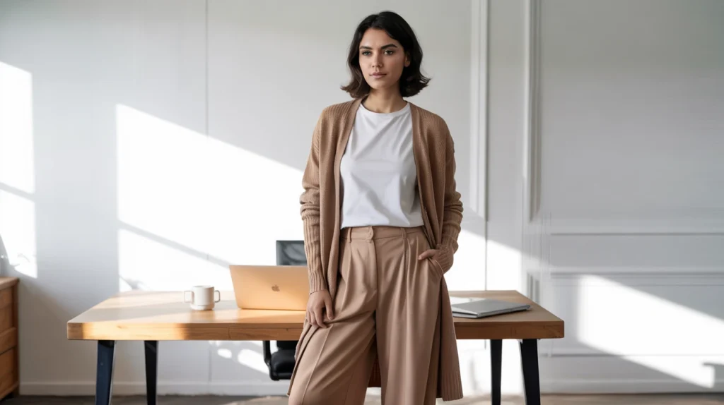 4. The Longline Cardigan & Wide-Leg Trousers Effortless Flow