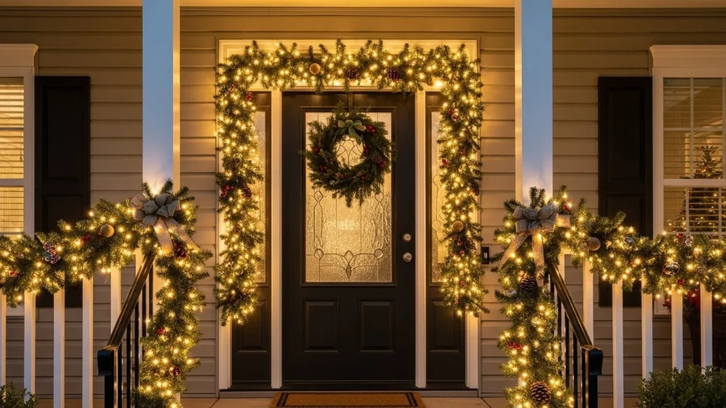 2. Lighted Garland Around Doors and Railings