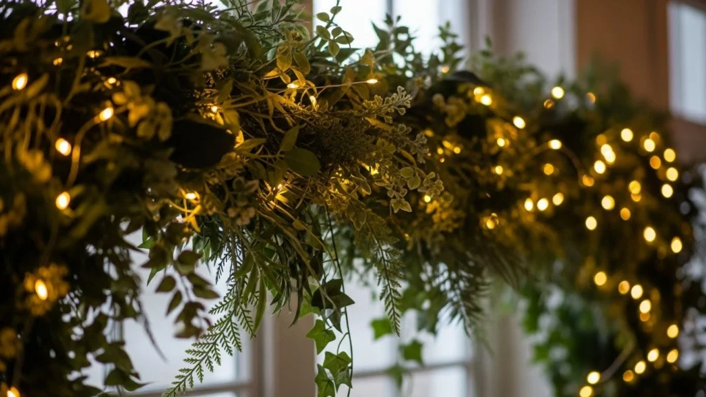 2. Soft Warm Lighting Woven Through Greenery