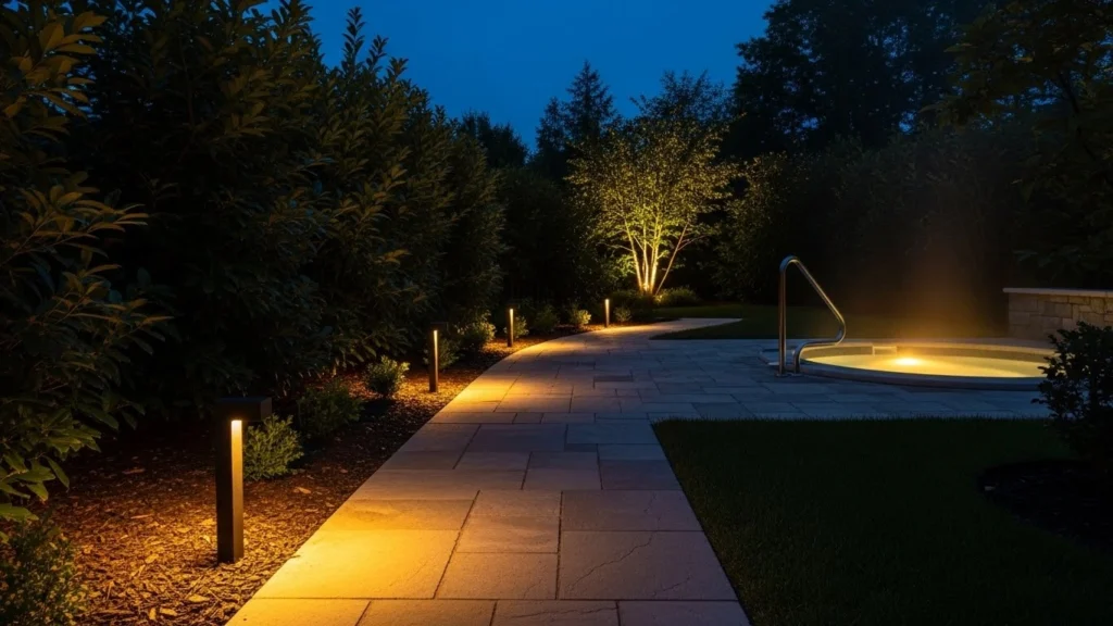 2. Warm Pathway Lights Around the Spa
