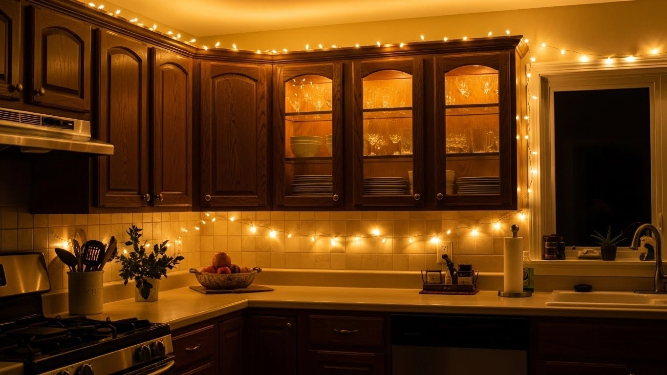 4. Warm White Lights Along Cabinets