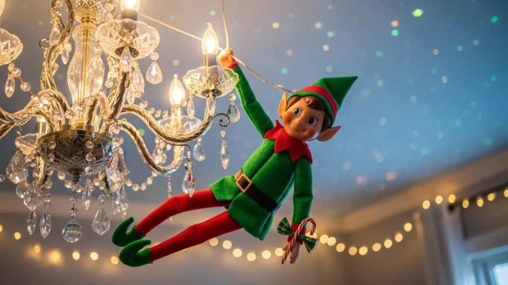 6. Elf Hanging from a Light Fixture