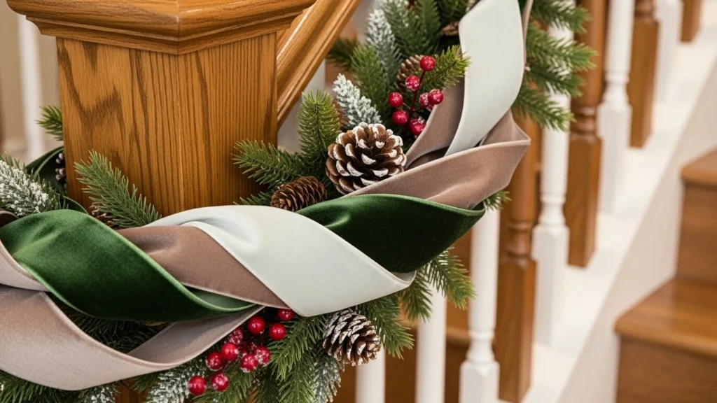 7. Velvet Ribbon Draped Along the Rail