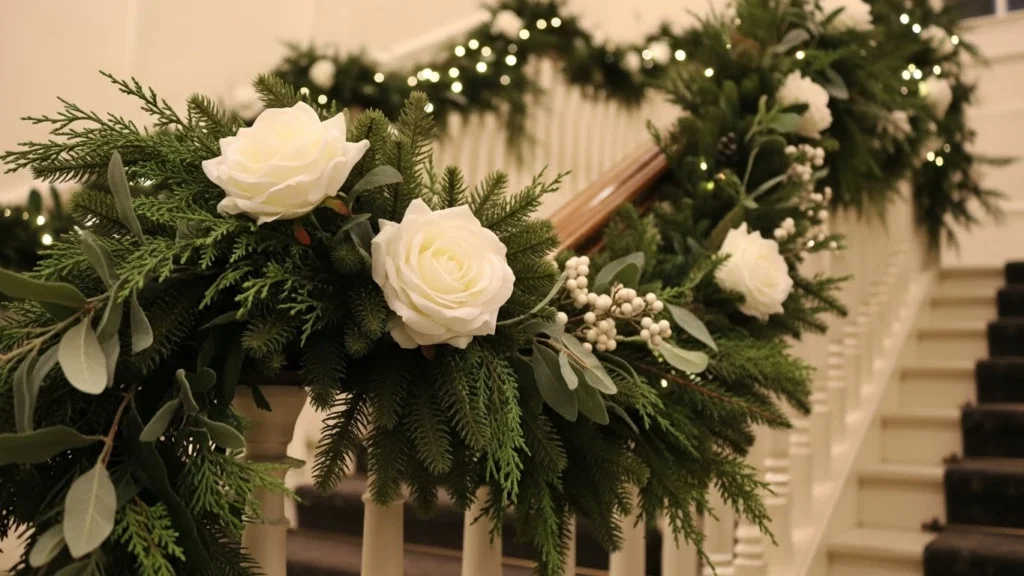 8. Staircase Garland with Soft Floral Touches