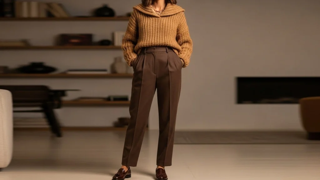 1. Cozy Knit Sweater with Tailored Trousers