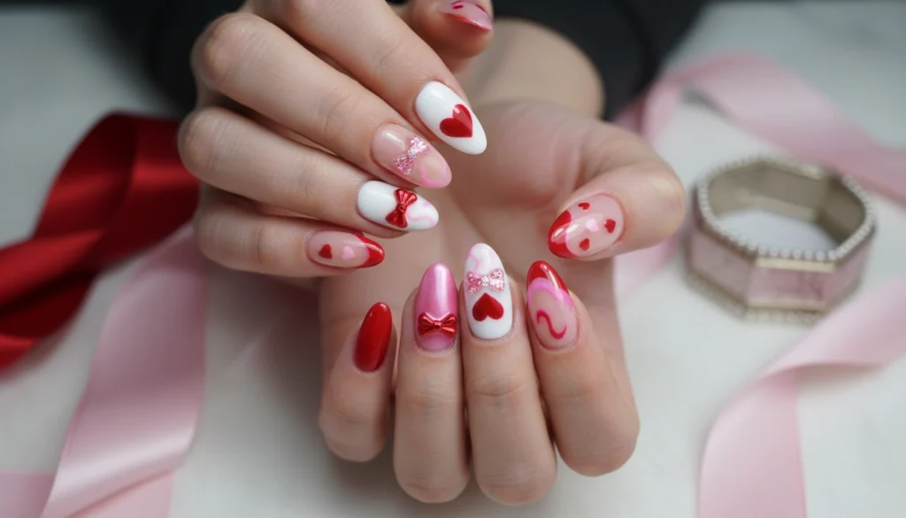 Red & Pink Mismatch Bow Nails