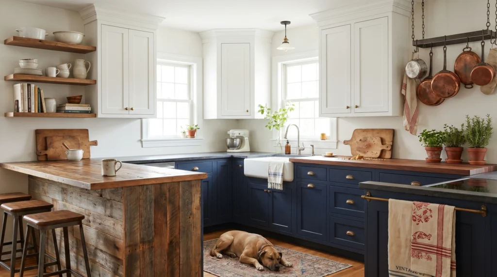 White Upper Cabinets with Deep Navy Lower Cabinets