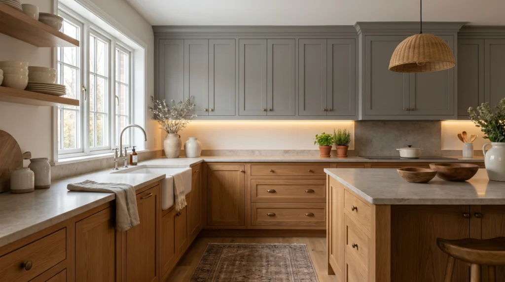 Soft Grey and Warm Wood Combination