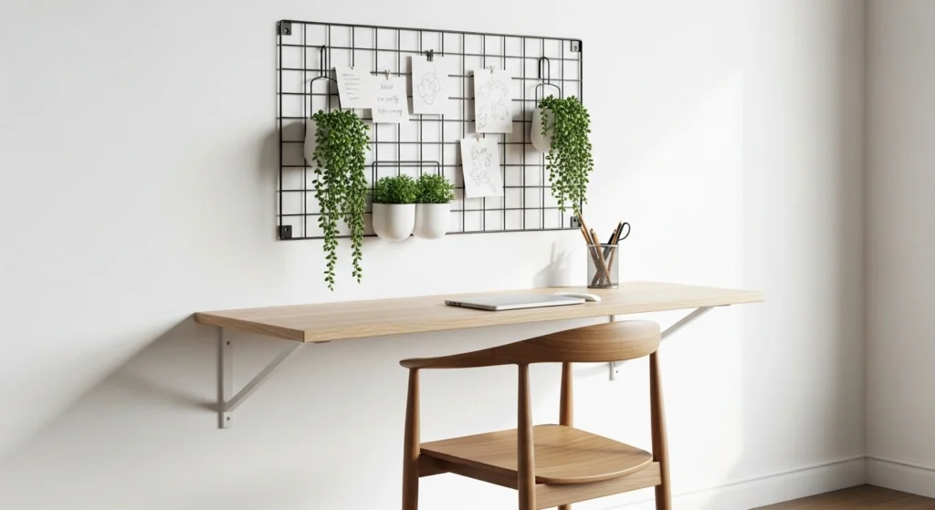Floating Wall Desk with Vertical Grid Storage