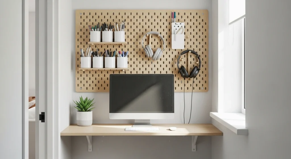 Hallway Niche Office with Pegboard Organization
