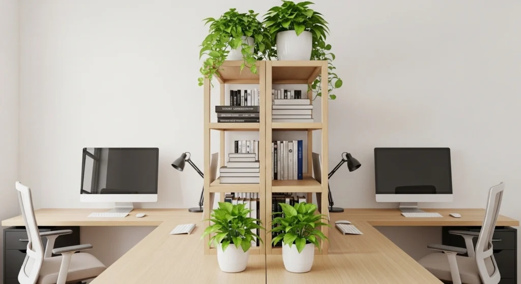Two-Person Shared Desk with Divider Shelving