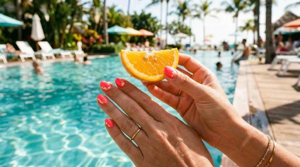10. Neon Coral and Gold Flake Accents
