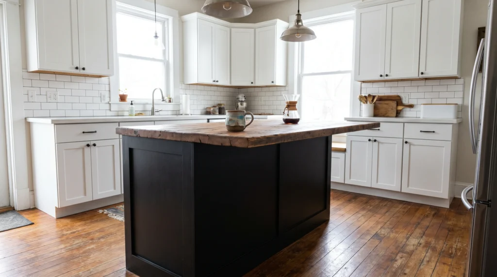 Black Kitchen Island With White Surroundings
