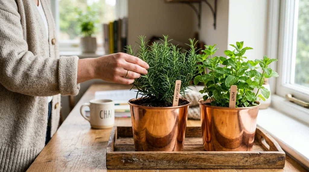 11. The Desktop Herb Garden: Aromatic Rosemary & Mint in Copper Pots