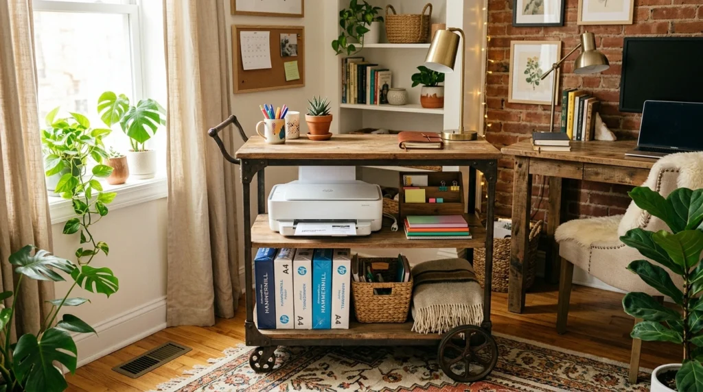 15. A Repurposed Wooden Bar Cart for Printers and Tech