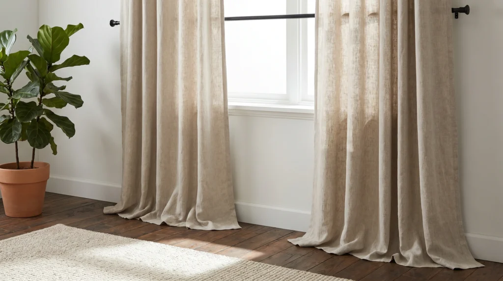 15. Floor-to-Ceiling Linen Curtains in Earth Tones