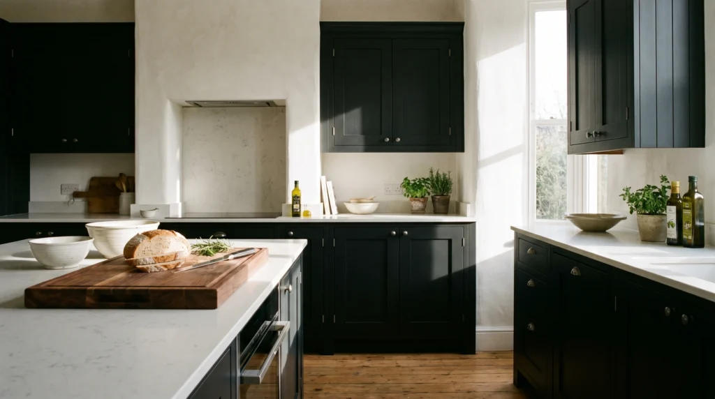 Matte Black Cabinets With Soft White Walls