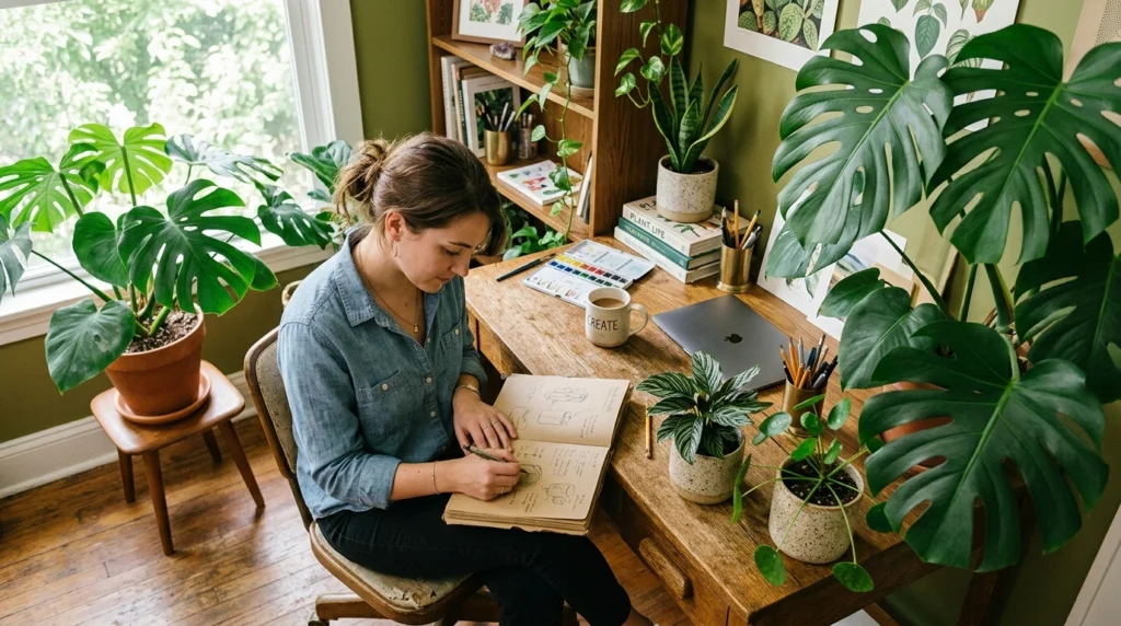 3. The Jungle Desk Sanctuary: Statement Monstera & Layered Potted Greens