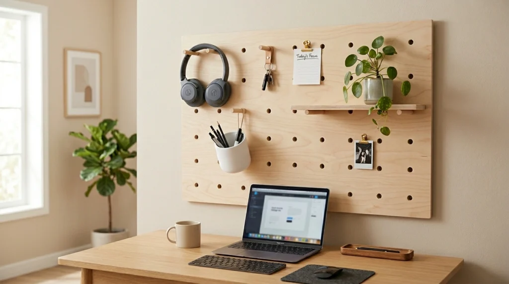 4. A Minimalist Pegboard with Wooden Pegs and Shelves