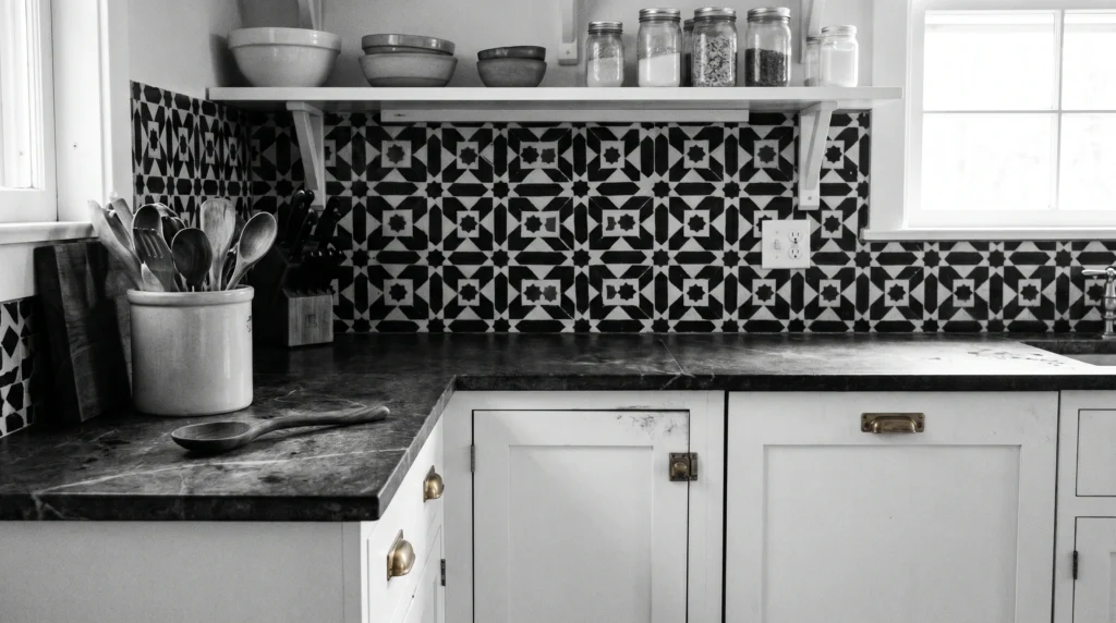 Black and White Tile Backsplash With Subtle Pattern