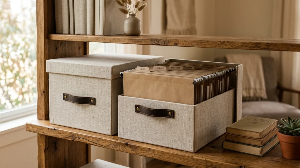 6. Fabric-Wrapped File Boxes with Leather Handles