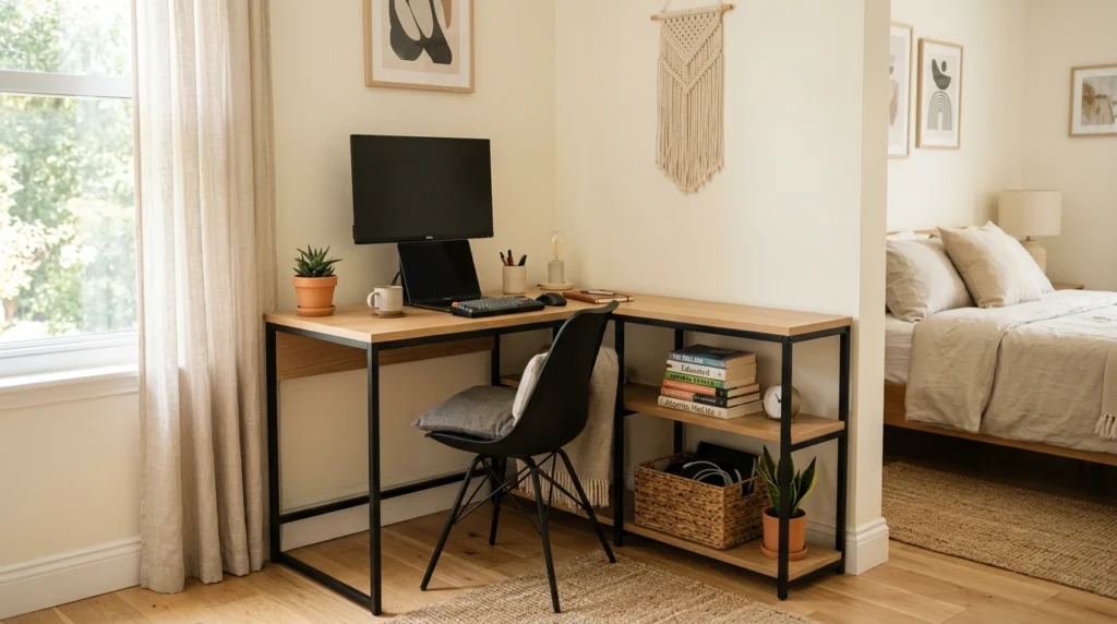 8. Corner L-Shaped Desks with Open Bottom Shelving