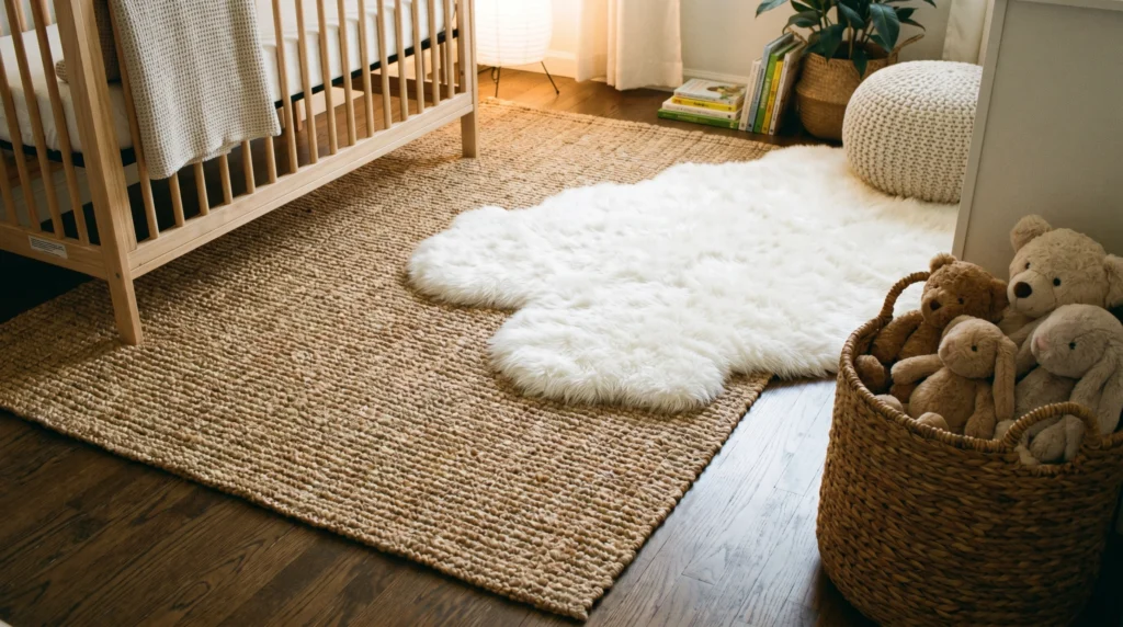 8. Layered Jute and Faux Sheepskin Rugs