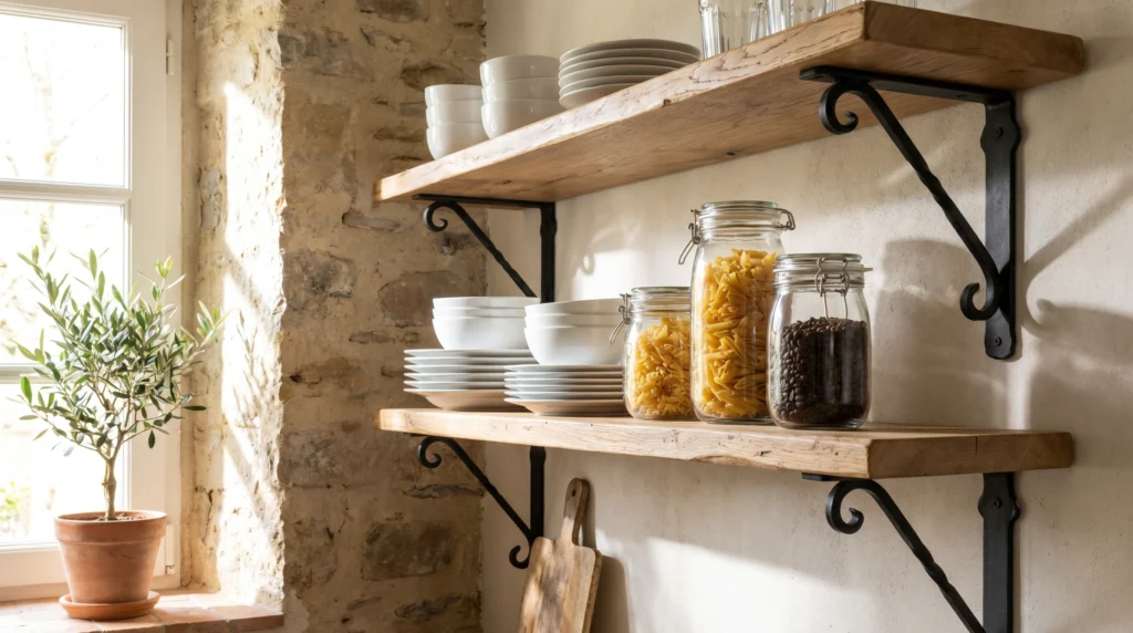 Open Shelving With a Black Frame