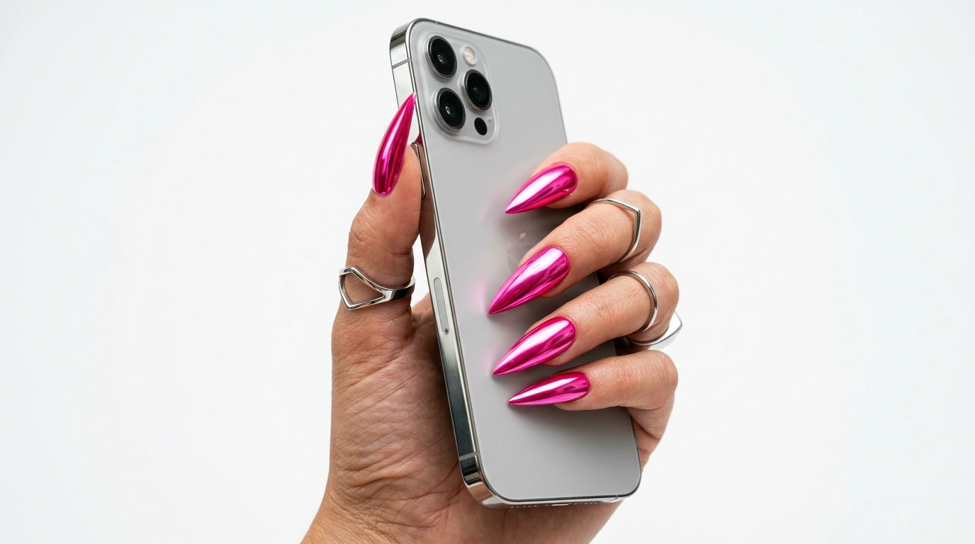 Barbie Pink Chrome Stiletto Nails