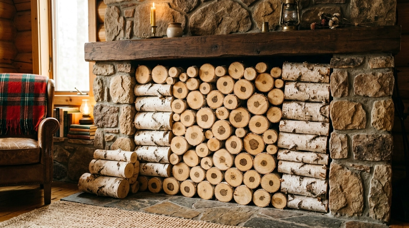 The Stacked Birch Log Hearth Display