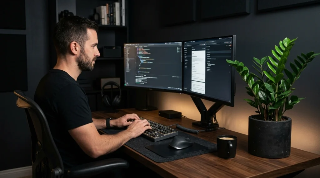 7. The Sleek Tech Setup: ZZ Plants & Matte Black Minimalist Pots