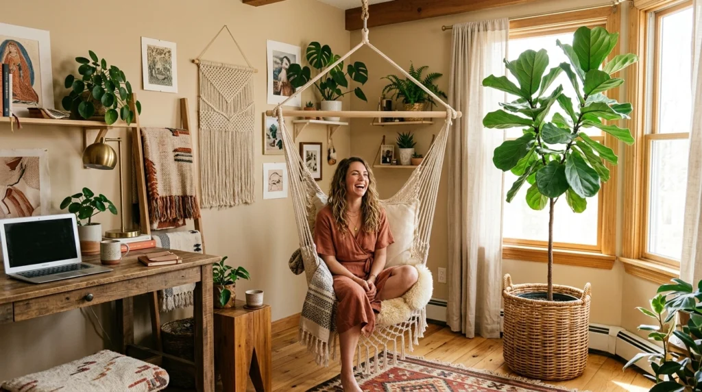 6. The Cozy Bohemian Nook: Tall Fiddle Leaf Fig & Rattan Planters