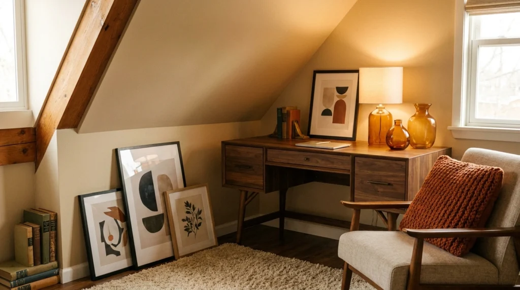 Trying to find a quiet corner to focus in a busy house can feel like an impossible task. Between the hum of the television downstairs, kids playing, and the endless traffic through the kitchen, finding real focus is tough. In my experience, the biggest mistake people make is trying to force a workspace into a high-traffic area like the living room or dining table. That is why turning an unused loft space into a dedicated work sanctuary is such a game-changer. By stepping away from the main floor, you create a physical and mental boundary between your work life and home life.

In this guide, we are looking at 12 attic home office ideas for quiet, focused productivity that will help you transform your dusty top floor into a beautiful, functional escape. You do not need a massive budget or a custom architectural design to make this work. Often, it is just about choosing the right desk placement, understanding how to handle sloped ceilings, and layering in textures that make you actually want to sit at your desk. We will explore how to make these unique, angled spaces feel incredibly cozy, warm, and highly functional so you can finally get your best work done in peace.

1. The Low-Profile Under-Eaves Desk Setup

There is something incredibly snug about setting up your workspace right under the slope of the roof. This look embraces the unusual architecture of an attic by placing a simple, low-profile wooden desk directly against the knee wall, creating a cozy cockpit feel. When you sit down, the angled ceiling wraps over you, blocking out visual distractions and helping you zone in on your screen. The color scheme here is all about warmth—soft off-white walls paired with light oak or birch wood, accented by a textured waffle-knit throw draped over your chair.

To make this setup work, the most important detail to consider is desk height. I always recommend starting with a low-profile desk that sits around 28 inches high, and picking a sleek office chair without high, bulky backrests so you do not accidentally bump the sloped ceiling when standing up. A common mistake is using a massive, traditional desk lamp here; instead, mount a slim, adjustable LED bar light directly onto the sloped rafter to save valuable desk space. For a budget-friendly option, you can easily replicate this look by using a simple wooden tabletop with short, sturdy hairpin legs. Suggested budget: $150 – $300

2. The Soft Minimalist Skylight Sanctuary

If you are lucky enough to have a skylight in your attic, placing your desk directly underneath or angled toward it is an absolute dream for productivity. The natural daylight floods your workspace, keeping your mood high and saving you from the eye strain caused by harsh fluorescent bulbs. The look is airy, bright, and calm, using pale linen textures, matte white finishes, and soft sky-blue or sage accents that make the small space feel twice as large. Sitting here feels like working in a light-filled greenhouse, high above the noise of the rest of the world.

What I personally love about this look is how the shifting clouds and daylight keep you connected to nature throughout the workday. However, a lot of people overlook the glare factor when placing a desk under a window. To avoid squinting at your monitor, make sure to position your screen at a 90-degree angle to the light source rather than directly in front of or behind it. I highly recommend investing in a light-filtering cellular shade for your skylight so you can control the light on intense, sunny afternoons. Keep the rest of the styling incredibly clean with a cork desk mat and a simple, comfortable wooden chair. Suggested budget: $200 – $400

3. The Moody Dark-Academia Focus Nook

If bright and airy is not your style, a deep, cozy dark-academia aesthetic might be exactly what you need for deep, focused work. Think dark forest green, charcoal gray, or warm chocolate brown painted on the walls, paired with a vintage brass lamp and stack of leather-bound books. This setup feels like a secret library hidden away from the world, wrapping you in rich, comforting shadows that keep your eyes naturally locked onto your workspace. It works incredibly well for writers, researchers, or anyone who does their best thinking in a quiet, cozy cave.

The biggest mistake people make with moody colors in an attic is painting the entire room—slopes included—in a dark shade, which can make the space feel claustrophobic and tiny. Instead, paint only the flat knee wall and the back wall dark, and leave the sloping ceilings a warm, cream color to keep some balance. Use a warm-toned 2700K light bulb in a classic brass banker's lamp to create a warm, inviting glow across your desk. To save money, scout your local thrift stores for an old wooden desk with character and give it a quick coat of dark wood stain. Suggested budget: $120 – $250

4. The Plants-and-Plywood Creative Loft

Bringing a bit of the outdoors inside is a wonderful way to reduce stress during busy workdays. This design uses light, affordable birch plywood for the desk and shelving, paired with an array of trailing houseplants like pothos or heartleaf philodendron draped along the roof beams. The textures are raw, organic, and highly tactile, featuring woven jute rugs, terracotta pots, and natural cotton accessories. The overall vibe is fresh, creative, and highly energizing, perfect for anyone who wants their workspace to feel alive.

When styling this space, focus on utilizing the unique vertical lines of your attic. You can hang light planters from the exposed collar ties or place trailing vines on top of low shelves built into the eaves so they cascade down the sloped walls. Make sure your plants get enough natural light from your attic windows, and choose low-maintenance varieties if you do not want to worry about watering them constantly. A great budget-friendly hack is using clean sheet plywood cut to size at your local hardware store to make custom, floating shelves that fit your sloped walls perfectly. Suggested budget: $100 – $220

5. The Textured Mid-Century Modern Corner

For a look that is structured yet incredibly cozy, a mid-century modern setup is a fantastic option. It features the signature tapered wooden legs, rich walnut finishes, and clean lines of the 1950s, but warmed up with cozy modern textures like a thick wool rug and a rust-colored knit cushion. This style is excellent for those who appreciate design history but still want a space that feels highly usable, comfortable, and inviting. The color palette centers around warm wood tones, amber glass, and soft olive green.

Because attic walls are often uniquely angled, hanging traditional framed artwork can be a real puzzle. A lot of people overlook this, but leaning your favorite framed prints against the knee wall or resting them on a low credenza is a wonderful way to display art without having to drill into sloped plaster. Pair a simple walnut desk with a vintage-inspired upholstered chair that has plenty of lumbar support. To keep things affordable, look for mid-century style desks online that use walnut veneers instead of solid wood, which look beautiful without the hefty price tag. Suggested budget: $250 – $500

6. The Low-Slung Grounded Floor Office

If you have an attic with extremely low rafters where standing up fully is a challenge, do not write off the space just yet. This style embraces a bohemian, Japanese-inspired low-slung setup that puts your work surface closer to the ground. Using a thick, supportive floor cushion, a low-lying solid wood coffee table as a desk, and soft, ambient floor lamps, this office feels incredibly grounding, peaceful, and slow. It is an amazing setup for laptop work, creative brainstorming sessions, or deep reading.

To make a low-slung office comfortable for long hours, you cannot skimp on your seating support. Do not just throw a random pillow on the floor; instead, invest in a proper ergonomic floor chair with back support, or a thick cotton floor futon cushion. Keep your electronics and cords organized by hiding them in woven wicker baskets along the floor so your workspace stays tidy and clutter-free. This works especially well if you want to look more put together without trying too hard, as the low height naturally hides bulky cords and desk legs. Suggested budget: $100 – $200

7. The Scandinavian Soft-White Studio

This design is all about maximizing every single drop of natural light using classic Nordic design principles. The floorboards are painted a soft, chalky white, the walls are a warm ivory, and the furniture is made of light ash or birch wood. To prevent the all-white space from feeling cold or clinical, you layer in soft, natural textures like a fluffy sheepskin rug thrown over your chair, a warm cork desk mat, and a simple ceramic mug. It feels incredibly peaceful, organized, and light, allowing your mind to focus completely on the task at hand.

In my experience, the biggest mistake people make with an all-white workspace is choosing cool, blue-toned white paint, which makes an attic feel like a dark, chilly refrigerator on cloudy days. Always opt for a warm white with yellow or pink undertones to keep the light feeling cozy and natural. Keep your desk storage minimal with simple white metal bins and light wood organizers. If you are on a tight budget, you can easily paint an old, mismatched desk with a matte white furniture paint to match the bright, clean room. Suggested budget: $150 – $350

8. The Custom Knee-Wall Double Desk

If you share a home office or simply need separate zones for different tasks—like a laptop setup on one side and a crafting space on the other—maximizing your knee wall is the way to go. This design features a long, continuous wooden countertop that stretches across the entire low wall of the attic, supported by simple drawers or legs. It looks custom-made, clean, and highly efficient, giving you plenty of room to spread out your work without cluttering the center of the room.

The secret to pulling off this look on a budget is using a solid wood butcher block countertop from a local home improvement store. You can easily rest it across two budget-friendly drawer units on either end to create tons of storage and a massive workspace without hiring a custom carpenter. Make sure to drill a few neat holes in the back of the countertop to run your computer cables down behind the drawers, keeping your long desk looking clean and tidy. Pair this with matching simple task chairs to keep the long wall looking uniform and cohesive. Suggested budget: $300 – $600

9. The Vintage Secretary Desk Escape

If you love a space with character, history, and a touch of nostalgia, building your office around an antique secretary desk is an amazing option. These desks feature a fold-down front panel that becomes your workspace, revealing tiny drawers and cubbyholes to store your pens and papers. Combined with a comfortable, patterned armchair, a warm plaid blanket, and a brass task light, this setup feels incredibly private, historic, and wonderfully detached from the digital noise of the modern world.

What I personally love about a secretary desk is that when your workday is done, you can simply fold the desk up and shut the doors. This completely hides your work, laptops, and papers from view, which is incredibly helpful for mentally shutting off from work at the end of the day. Because these desks have a small footprint, they fit perfectly into tight attic corners where a standard desk would feel too bulky. Look for vintage oak or mahogany secretary desks on online marketplaces or at local estate sales—you can often find high-quality, solid wood pieces for a fraction of the cost of new furniture. Suggested budget: $120 – $400

10. The Industrial Loft with Exposed Beams

If your attic has beautiful original structural elements like exposed dark wood rafters or brick walls, this style is designed to highlight them. This look pairs the raw, rugged textures of old timber and brick with modern black iron accents, a reclaimed wood desk, and a sturdy leather office chair. It feels grounded, strong, and highly textured, giving your workspace an authentic loft character that inspires creativity and deep focus. The color palette is earthy and natural, focusing on copper, deep charcoal, rust, and warm oak.

Whatever you do, do not paint over beautiful old wood beams. Instead, treat them with a clear, matte sealant to prevent dust and splintering while keeping their gorgeous natural color. If your attic lacks brick, you can bring in that grounded, industrial texture using a woven brick-colored rug or dark terracotta accessories on your desk. For lighting, choose a simple black metal adjustable arm lamp that can clip onto the edge of your desk, giving you excellent directed light exactly where you need it. Suggested budget: $200 – $450

11. The Cozy "Coffice" Closet Conversion

Sometimes you do not have the budget or space to convert an entire attic into an office, which is where the "coffice" (closet office) comes in. This design takes a small recessed closet, an unused alcove, or a crawlspace nook and turns it into a tiny, hyper-focused workstation. By fitting a thick wooden shelf as a built-in desk and adding small shelves above it, you create a incredibly cozy, nested work area that uses absolutely zero extra floor space in the rest of the room.

To make a tiny closet workspace feel comfortable and not cramped, lighting and color are absolutely critical. Paint the inside of the nook a warm, bright cream color to open it up visually, and mount simple, battery-powered puck lights under the shelves to illuminate your keyboard. To save floor space, swap out a traditional swinging closet door for a soft linen curtain that can be drawn closed when you are finished working. A simple, comfortable wooden stool that tucks completely under the desk when not in use is the perfect seating choice here. Suggested budget: $80 – $180

12. The Warm Greige Monochrome Haven

If you love a clean, modern style but find white-walled rooms a bit too cold and sterile, a warm greige (gray-beige) monochrome palette is the perfect middle ground. This setup uses various shades of warm gray, soft taupe, and cream across the walls, desk, and chair, creating a visually quiet, incredibly peaceful workspace. The lack of high-contrast colors allows your eyes to rest, reducing visual fatigue and helping you maintain a calm, steady focus throughout your most stressful workdays.

The biggest mistake people make here is picking a cool gray with blue undertones, which can make a small attic feel gloomy, dark, and uninviting. Always test paint swatches on your attic walls first, looking for warm greiges with yellow, red, or beige undertones that will catch the natural light beautifully. Use a soft, boucle fabric cushion on your chair and a felt desk pad to add cozy tactile layers to the monochrome space. A sleek gray metal desk paired with a matching neutral task chair keeps the lines of the room incredibly clean and cohesive. Suggested budget: $180 – $350

Simple Ideas for Cozy Functionality

At the end of the day, creating an incredible work area is not about spending thousands of dollars on custom renovations or designer furniture. The best attic home office ideas for quiet, focused productivity are the ones that prioritize your comfort, your lighting, and your peace of mind. Your workspace should feel like an inviting retreat, not a sterile chore to sit in.

If you are feeling overwhelmed by all the design choices, I always recommend starting with just one small change. Try moving your current desk closer to a window, or invest in a warmer, more comfortable light bulb for your desk lamp. You will be amazed at how much a few small, intentional changes can improve your focus, your energy, and your entire workday.

Which of these cozy attic workspace setups would you actually want to work in first? I would genuinely love to know in the comments below!

Frequently Asked Questions

How do I stop my attic office from getting too hot or cold?Attics can easily trap heat in the summer and feel drafty in the winter. In my experience, the best thing you can do is seal any drafts around windows, use a quiet space heater in the colder months, and install a sturdy ceiling fan or use a compact, powerful desk fan to keep the air moving when it gets warm.What is the best desk placement for an attic with sloped ceilings?For the best focus, place your desk directly against the lowest knee wall so the ceiling slopes down behind your monitor, or position your desk directly under a skylight. This utilizes the lowest parts of the room for sitting, leaving the higher-ceiling areas clear so you can walk around without bumping your head.How can I make a dark attic office feel brighter?Start by painting your sloped ceilings in a warm, light-reflecting ivory or cream color. Next, layer your lighting by using a bright desk lamp, a warm floor lamp in the corner, and stick-on LED strip lights along the undersides of your shelves to wash the angled walls in a cozy, ambient glow.How do I handle all the messy cords in a small attic workspace?Cords can quickly make a small room feel chaotic. I highly recommend mounting a simple wire management tray to the underside of your desk to hold your power strips, and using matching fabric cord sleeves or zip ties to bundle cables together so they run neatly down a single desk leg.What floor coverings work best for dampening sound in an attic?Because sound can travel easily through attic floorboards to the rooms below, a thick wool or jute area rug paired with a high-quality felt rug pad underneath is essential. This setup looks incredibly cozy and does an amazing job of absorbing footsteps, rolling chairs, and keyboard noise.