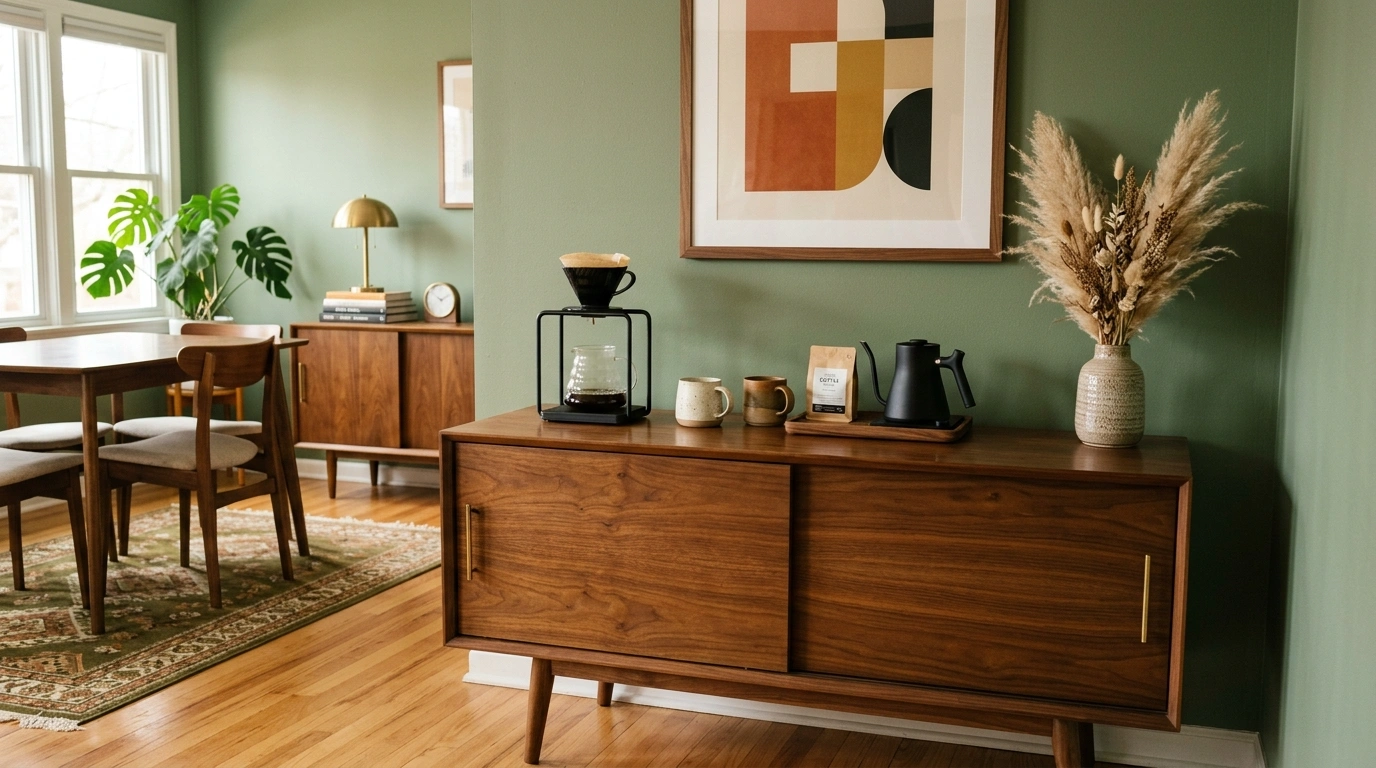 Mid-Century Modern Walnut Credenza Coffee Setup