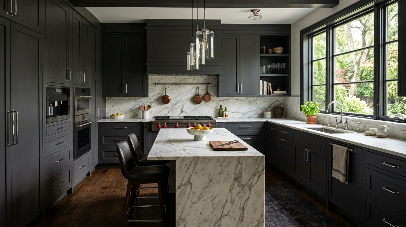 Moody Charcoal Gray and Bright Calacatta Marble
