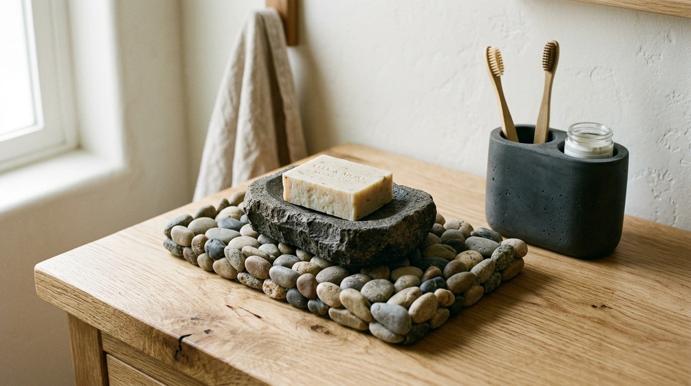 Pebble Tile Shower Floors and Raw Stone Soap Di...