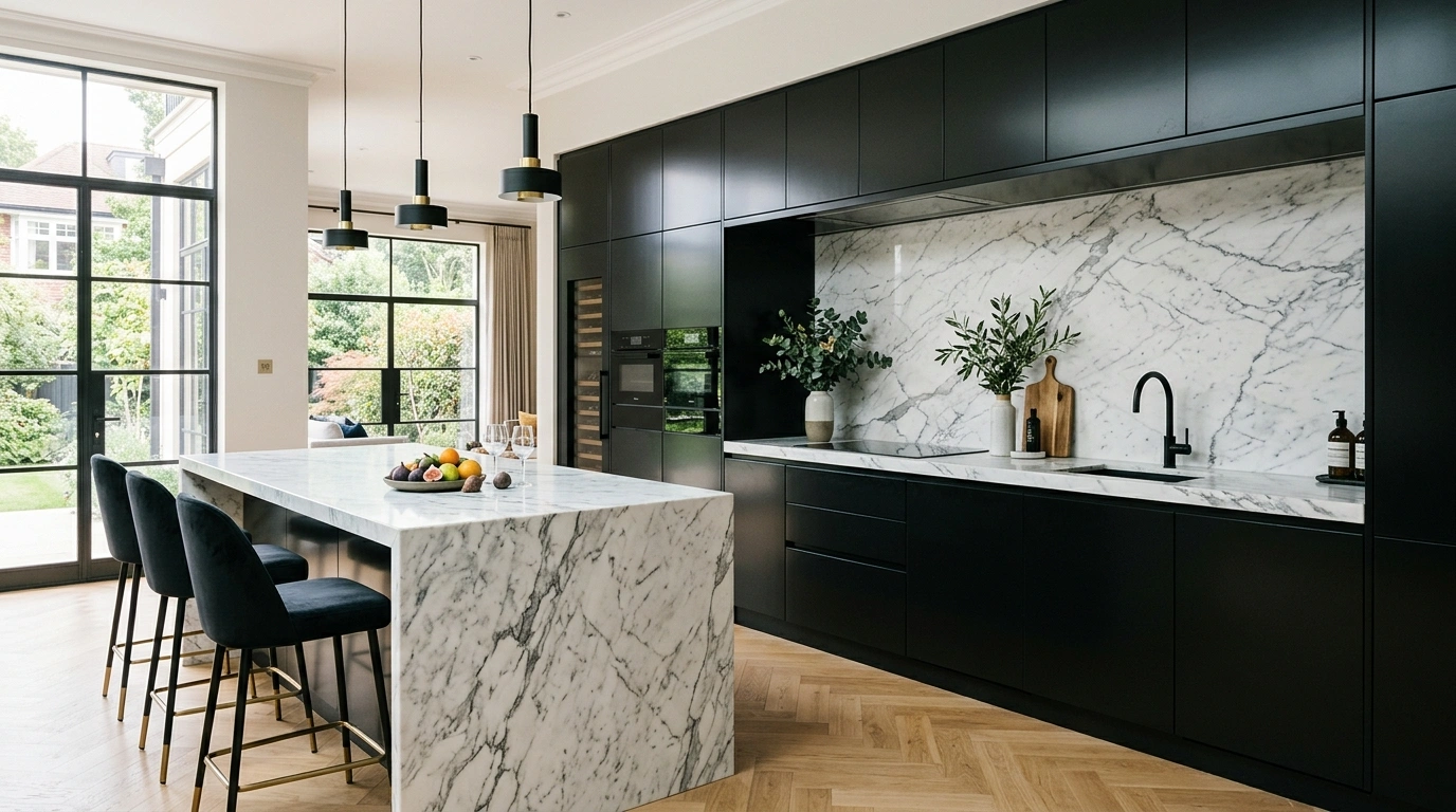 Glossy Jet Black and Veined Carrara Marble