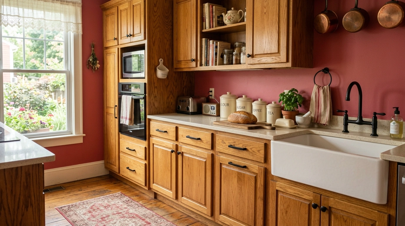 Raspberry Red and Honey Oak